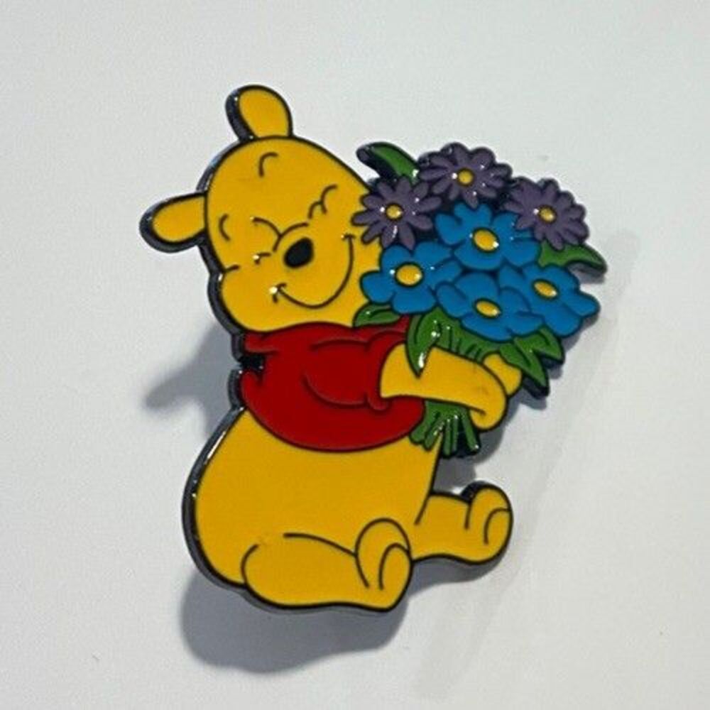 Disney Inspired Winnie the Pooh Enamel Lapel Pin Bear Holding Flowers Bouquet